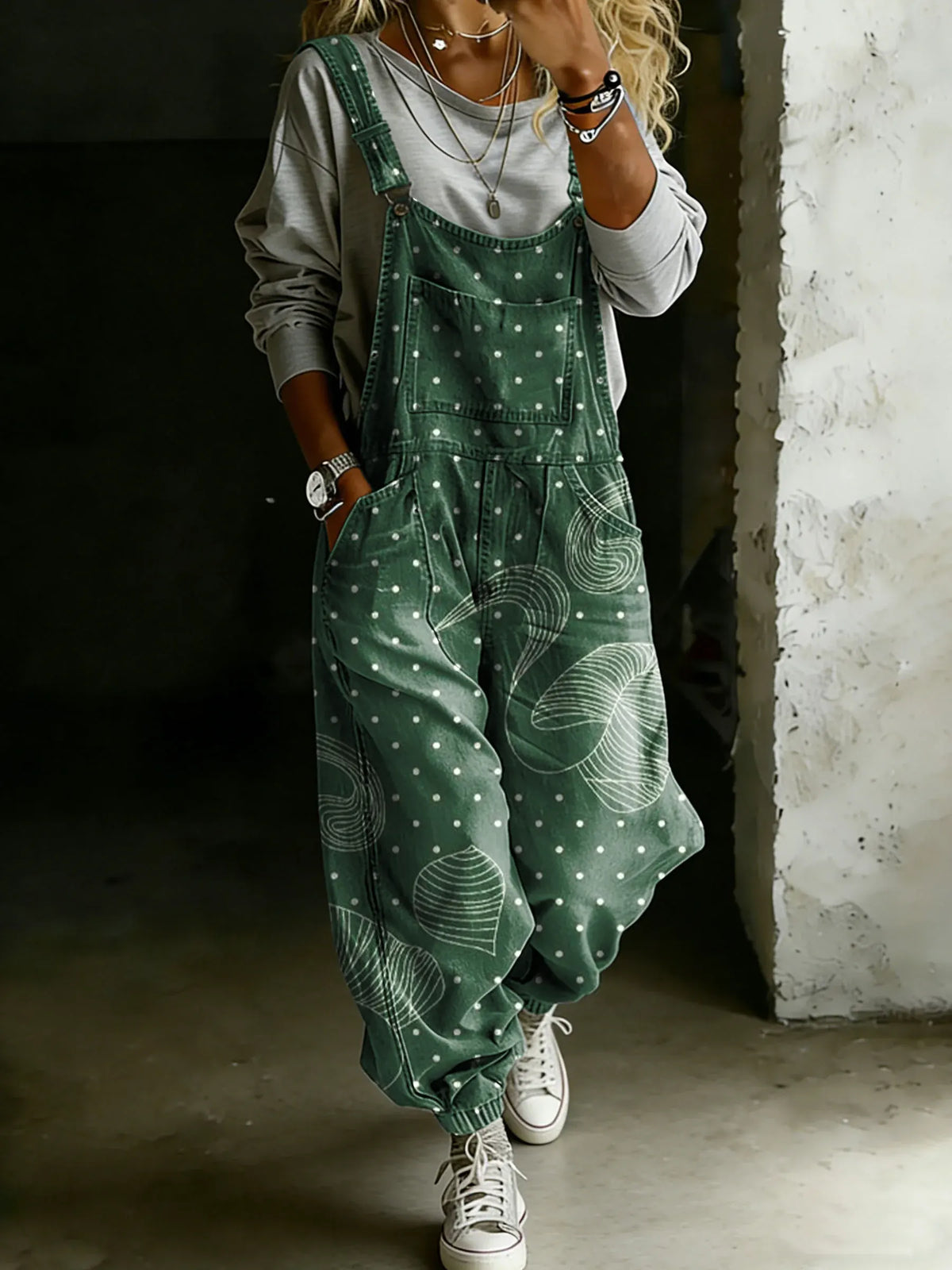 Vintage Art Print Casual One Piece Denim Jumpsuit