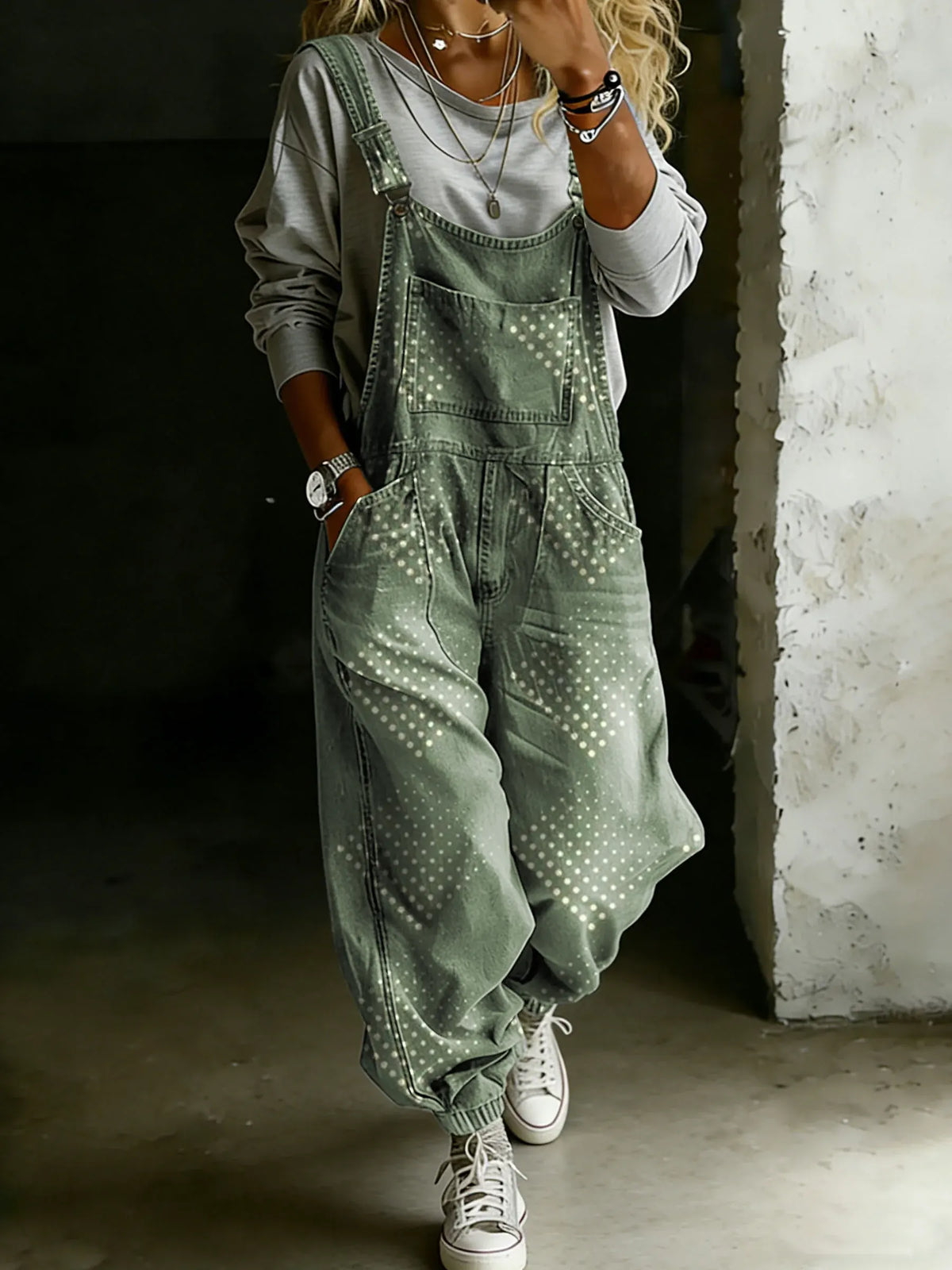 Vintage Green Art Print Casual One Piece Denim Jumpsuit