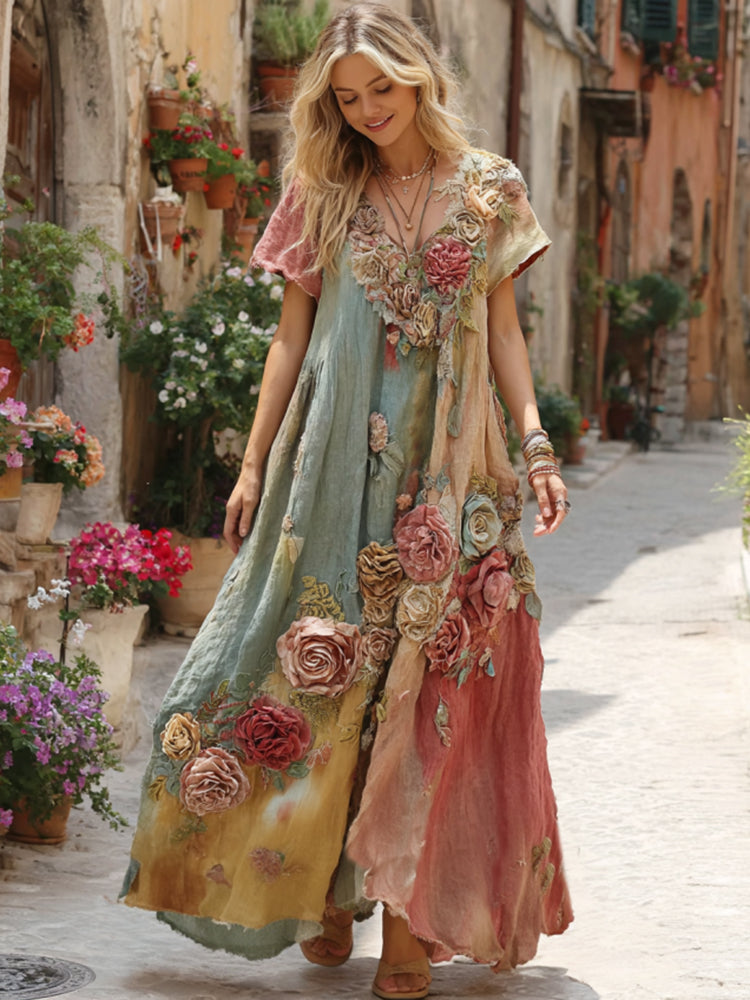 The Ice Cream Collection Classic Bohemian Floral and Rose Gradient Art Linen V-Neck Maxi Dress
