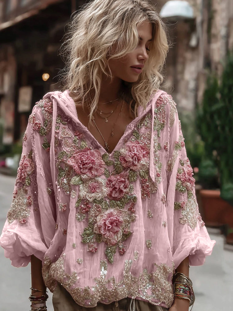 Vintage Floral Embroidery Warm V-Neck Hoodie