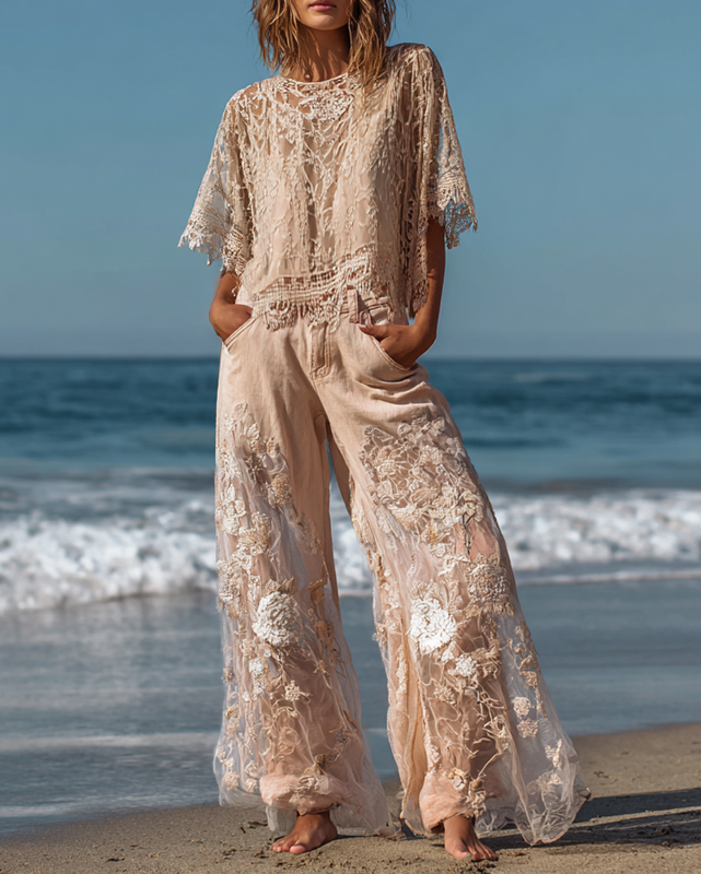 Summer Vacation Floral Embroidered Lace Pants and Top Two-Piece Set 4b7d