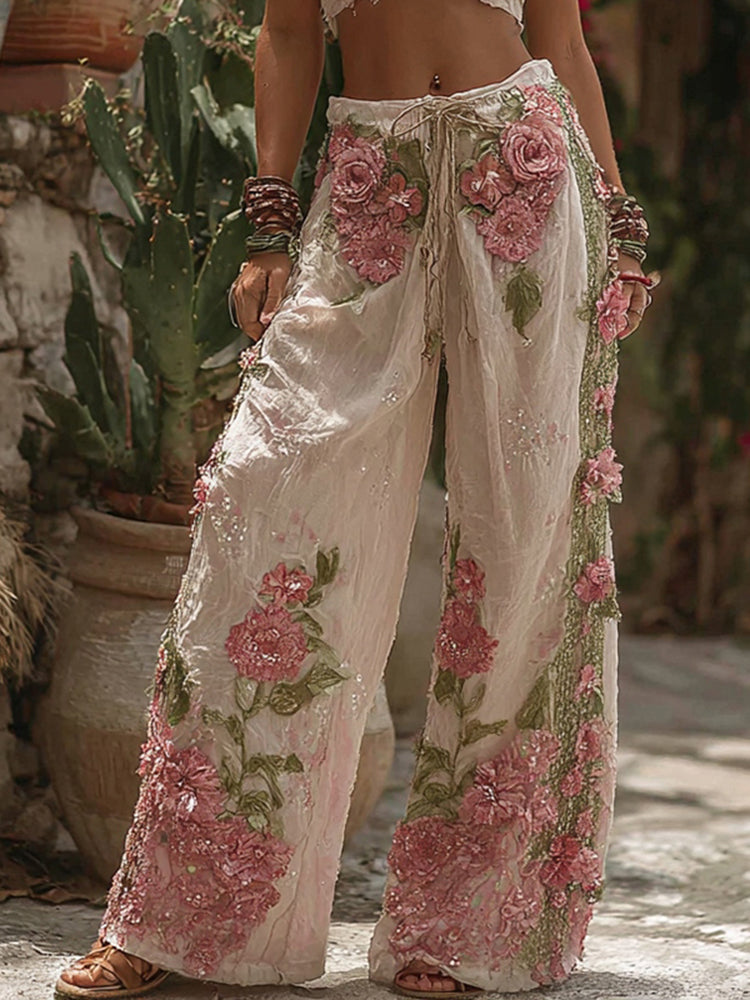Classic Bohemian Pink Rose Retro Color-Blocked Casual Pants