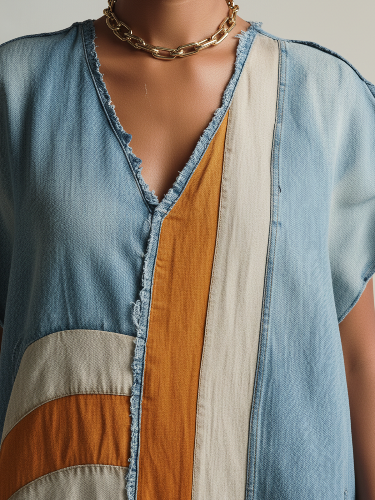 Colorblock Denim Caftan Maxi Dress