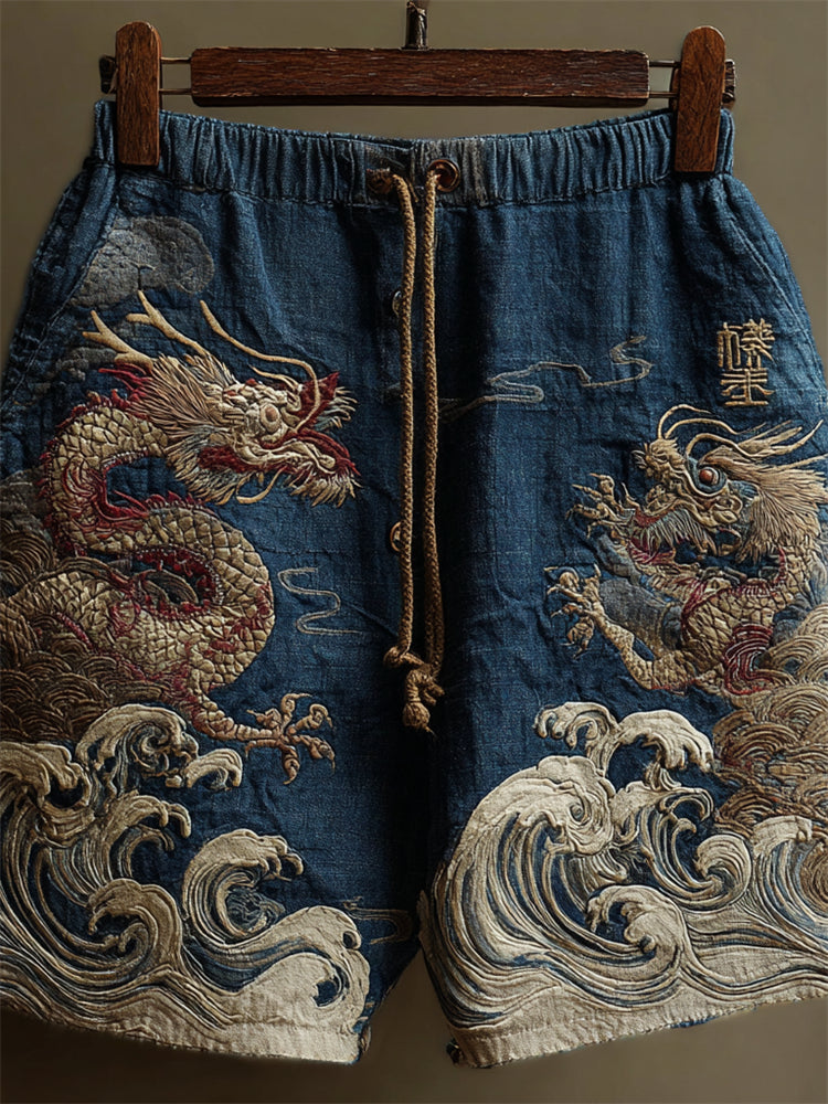 Japanese Dragons and Sea Waves Embroidered Linen Shorts