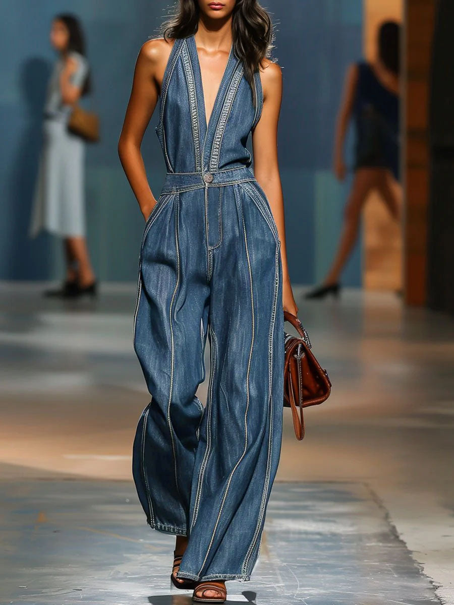 V-Neck Sleeveless Casual Loose Denim Jumpsuit with Wide Legs