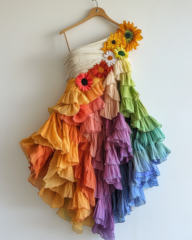 Rainbow Floral Embroidery Ruffled One-Shoulder Dress Ded6