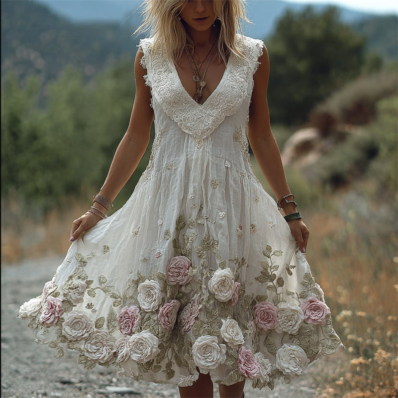 Vintage Boho Pink and White Roses Lace Flowy Linen Dress