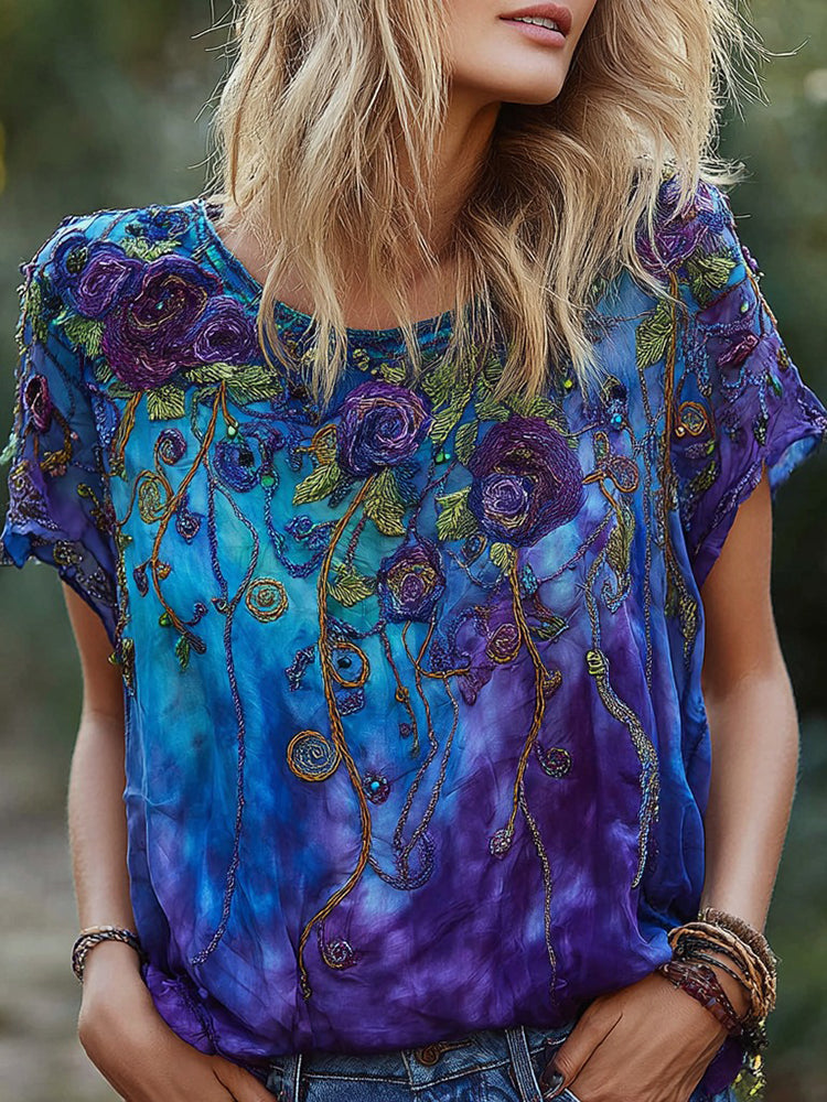 Vintage Rose Floral Elegant Crew Neck T-Shirt