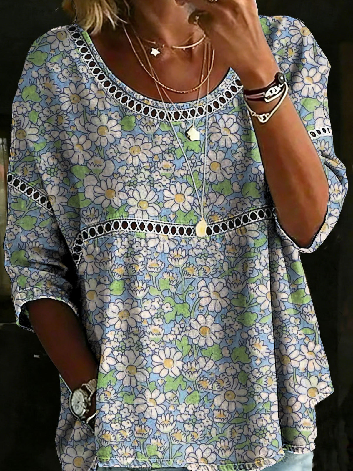 Vintage Flower Casual Loose Denim Blouse Shirt