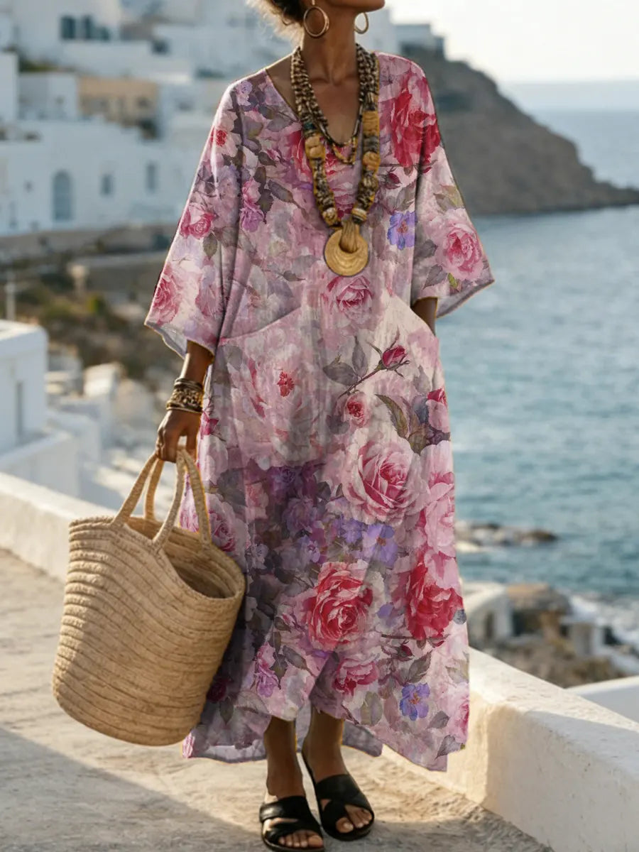 Vintage Floral Pattern Art Print Casual Cotton Dress