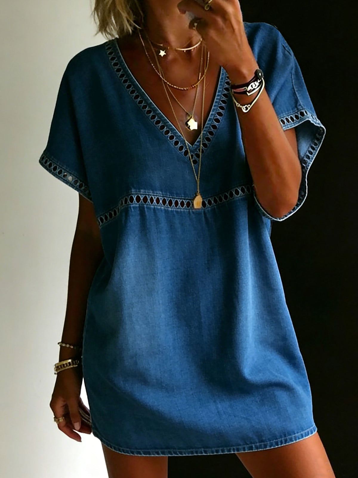 Solid Color Shirt Casual Denim V-Neck Dress