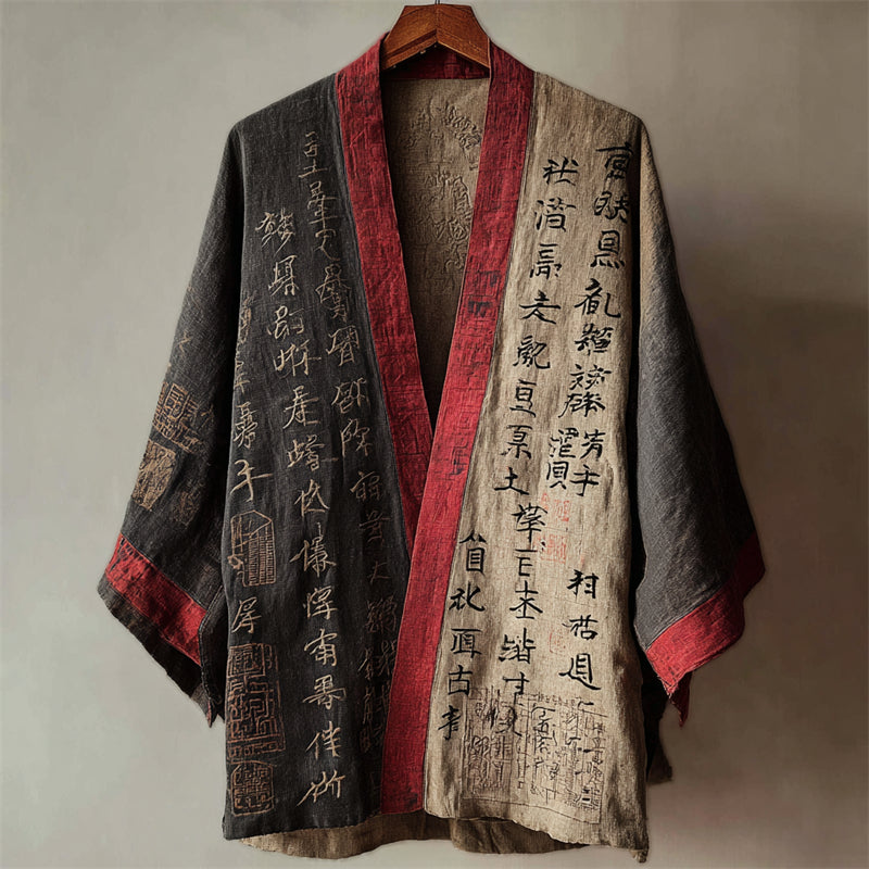 Japanese Calligraphy Art Contrast Linen Kimono Cardigan