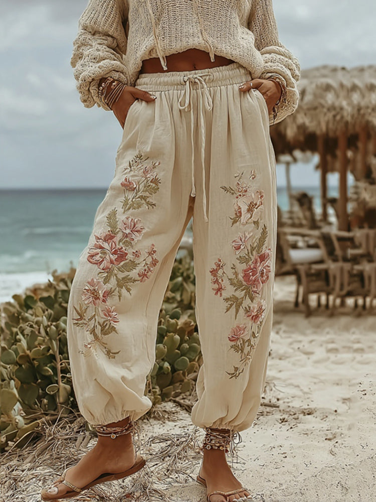 Vintage Embroidery Floral Art Casual Sweatpants