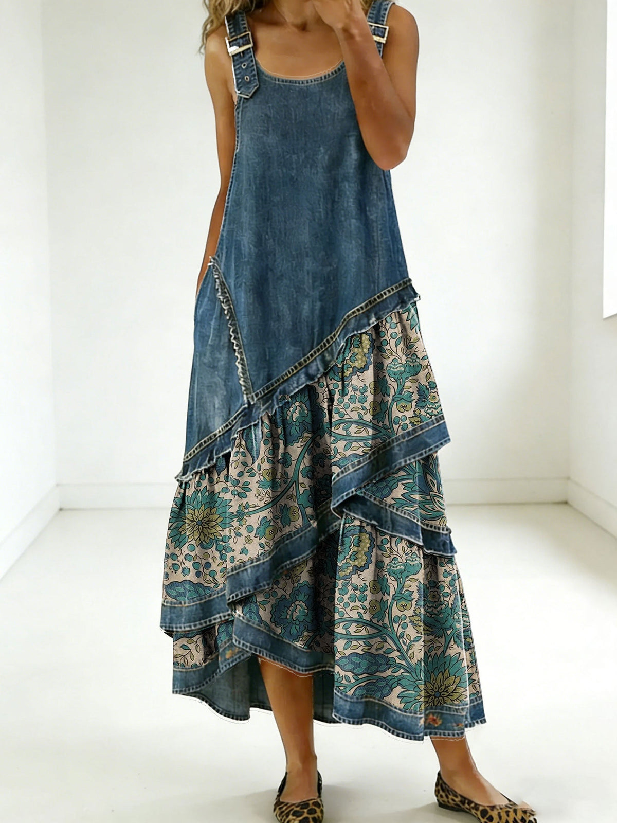 Fashion Floral Denim Design Sleeveless Multi-Layered Ruffled Strap Dress