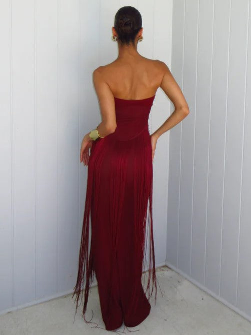 Burgundy Strapless Fringe Cutout Maxi Evening Gown