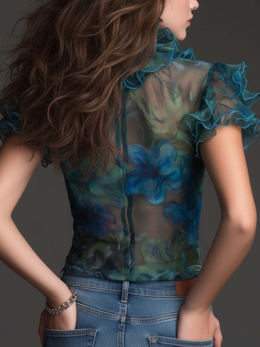 Vintage Boho Sheer Floral Ruffle Mesh Top