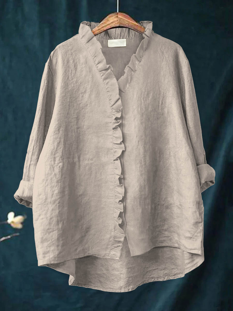 Casual Cotton and Linen Ruffle Shirt