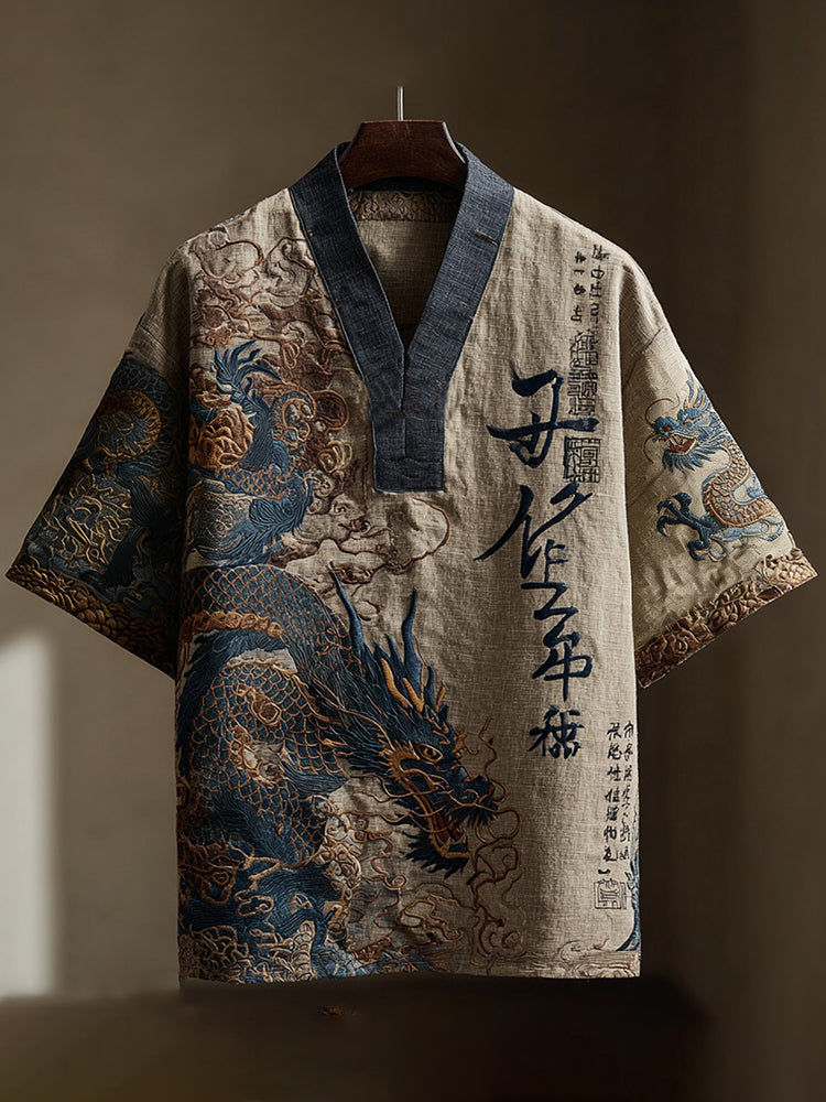 Men's Calligraphy with Dragon Art Print Short-Sleeve Shirt