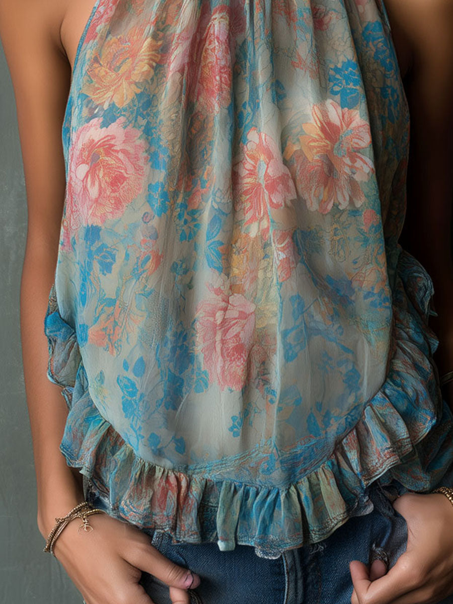 Bohemian High Neck Floral Chiffon Sleeveless Halter Blouse