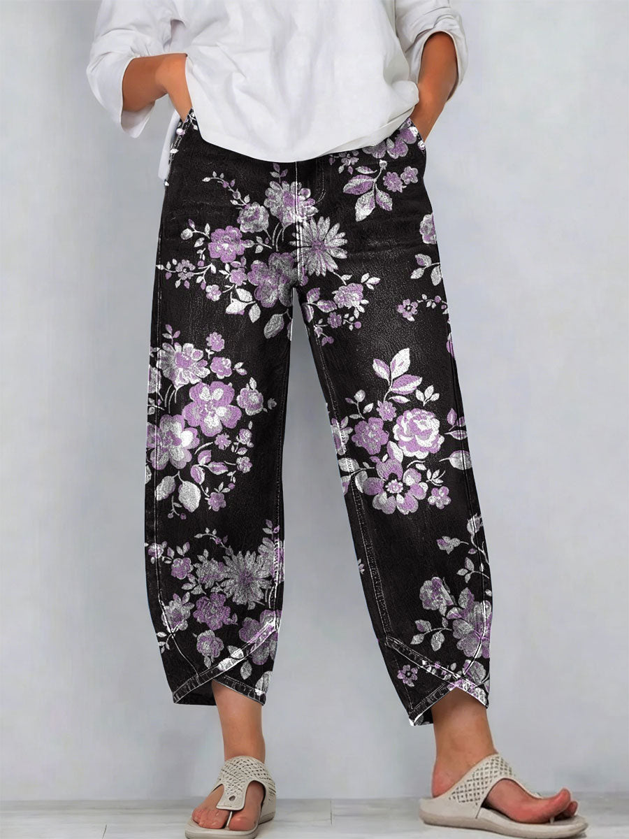 Vintage Flowers Floral Patterns Art Prints Casual Denim Cotton Pants