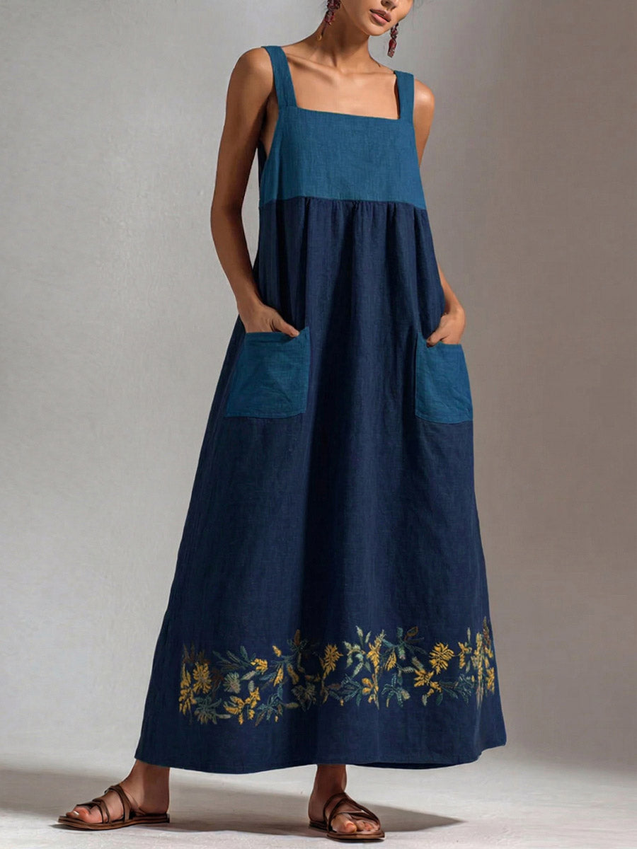 Casual Loose-Fit Sleeveless Cotton-Linen Dress with Square Neck and Contrast Trim
