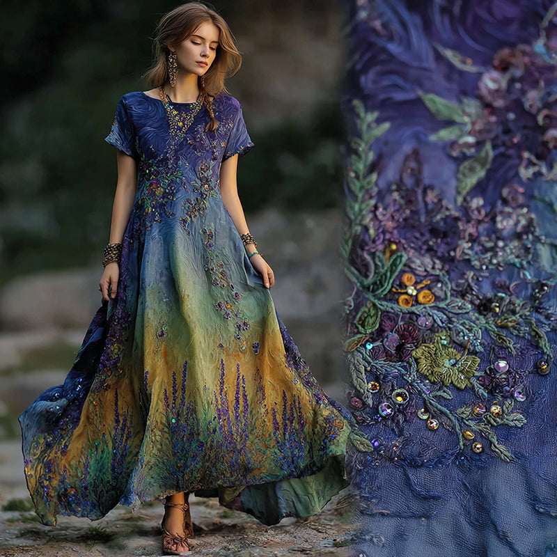 Vintage Lavender Embroidered Sequin Gradient Flowing Linen Maxi Dress