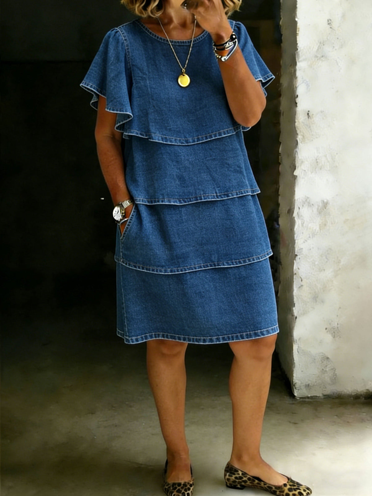 Solid Color Loose Cute Cake Denim Pocket Dress