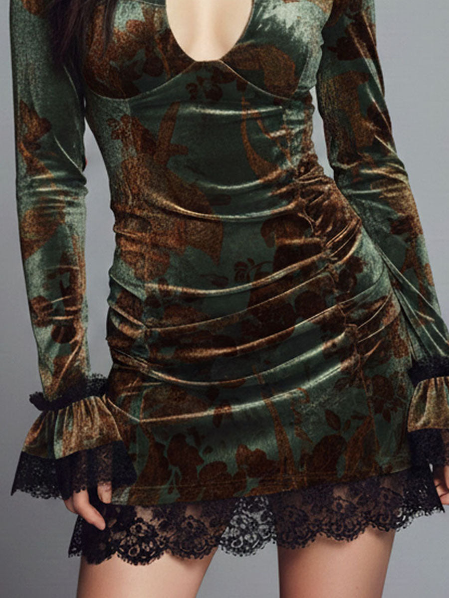 Velvet Floral Print Keyhole Cutout Mini Dress with Lace Trim