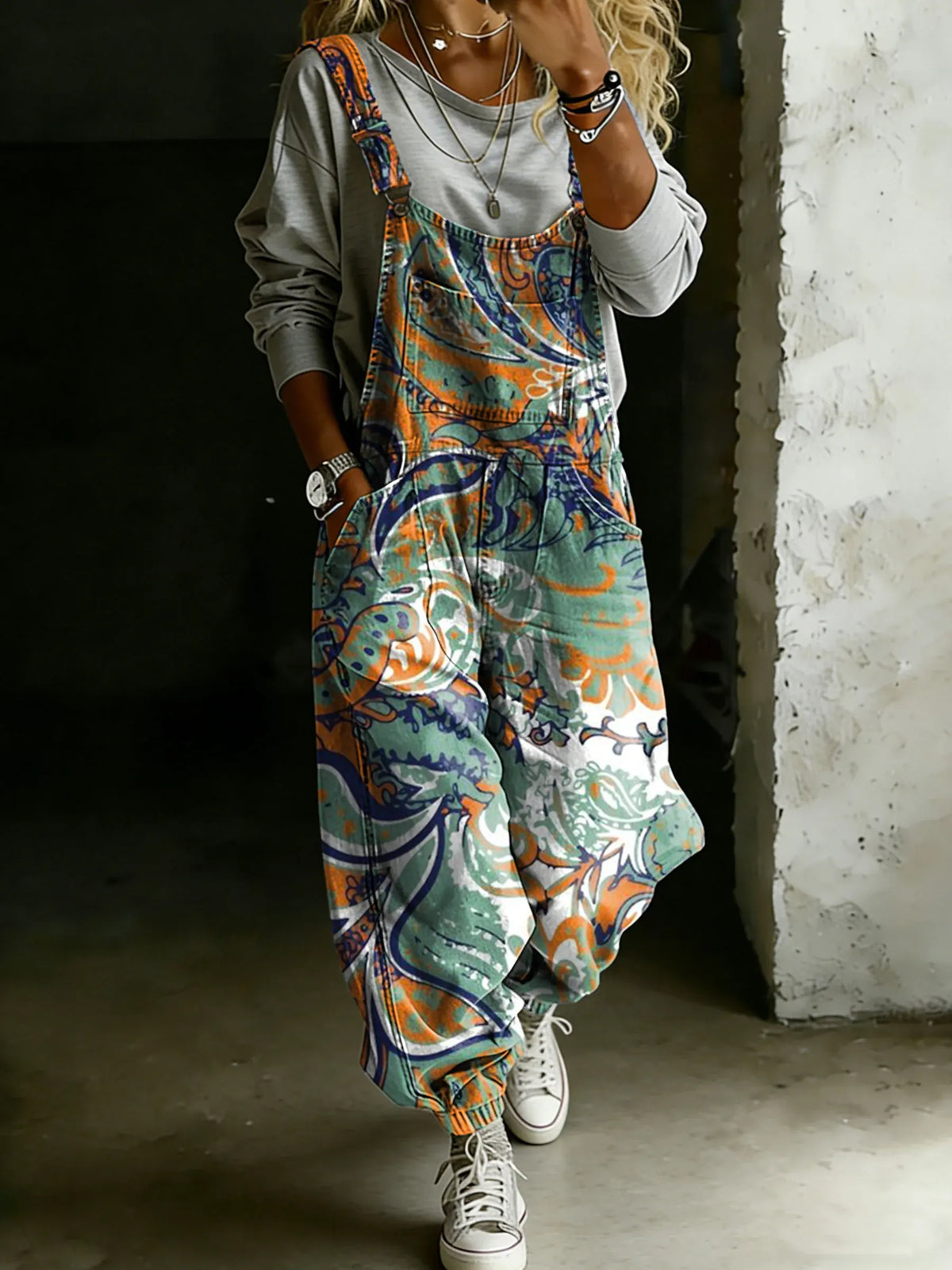 Vintage Ethnic Floral Art Print Casual One Piece Denim Jumpsuit