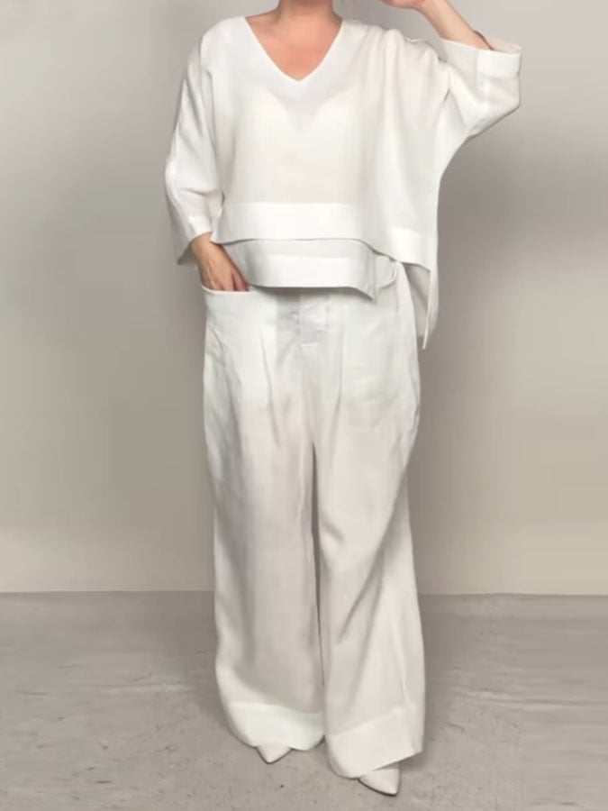 Casual Solid Color Irregular Cotton and Linen Shirt and Pats Suit