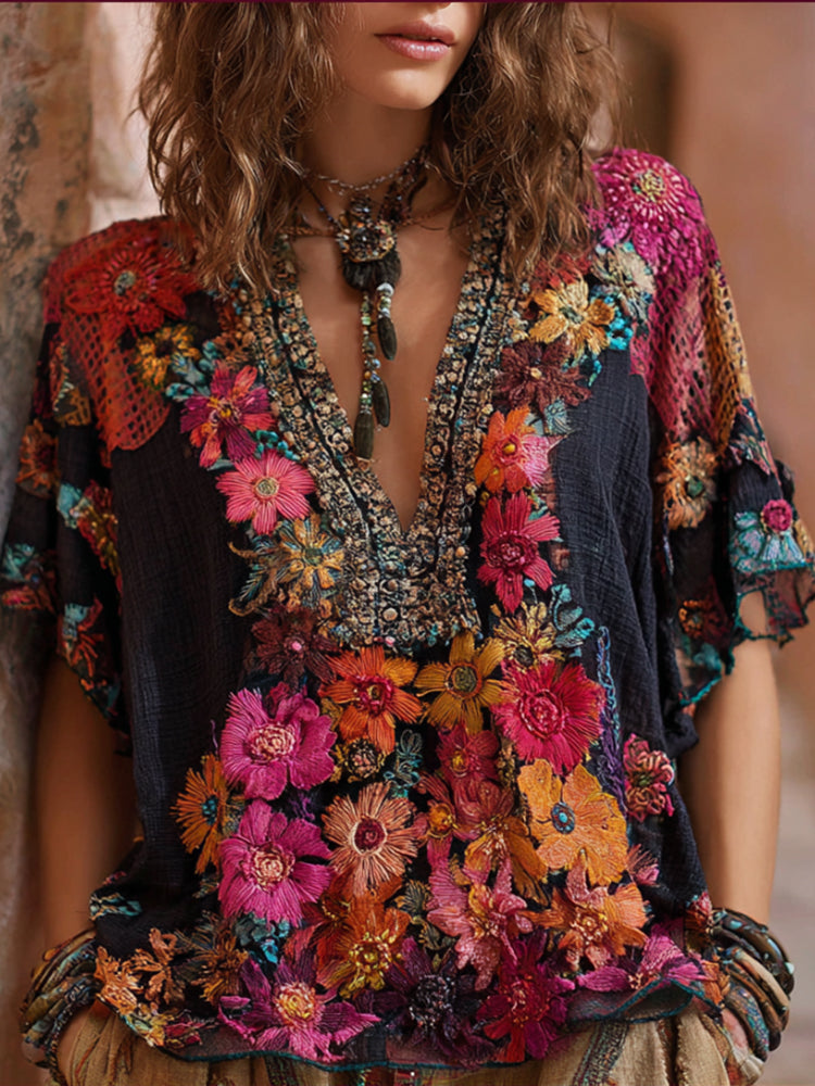 Bohemian Style Plant-Dyed Knitted Flower Loose Short-Sleeved Shirt