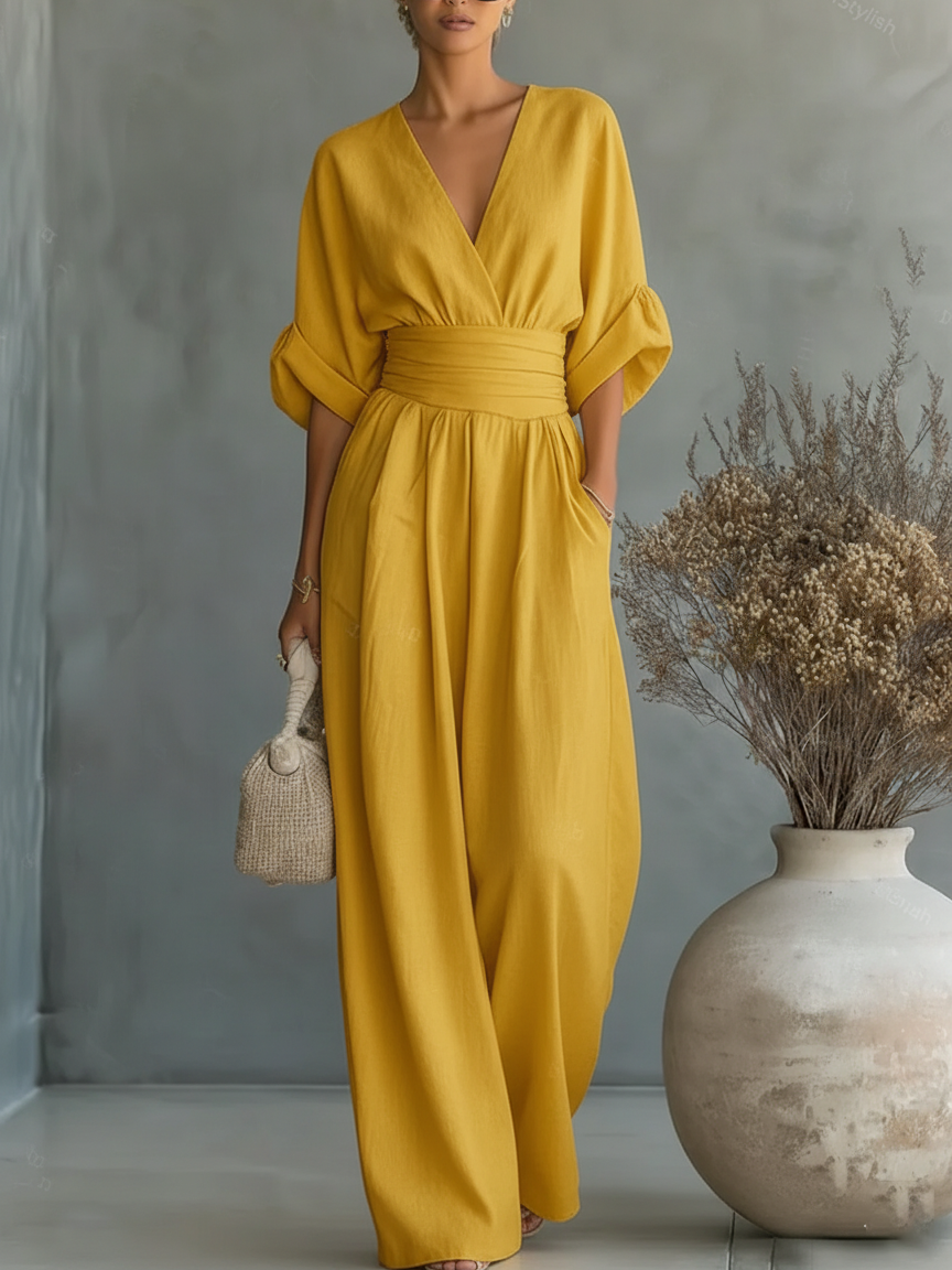 Elegant V-Neck High-Waisted Loose Jumpsuit