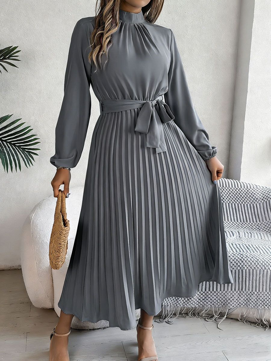 Stand-Up Collar Long-Sleeved Lace Up Pleated Dress