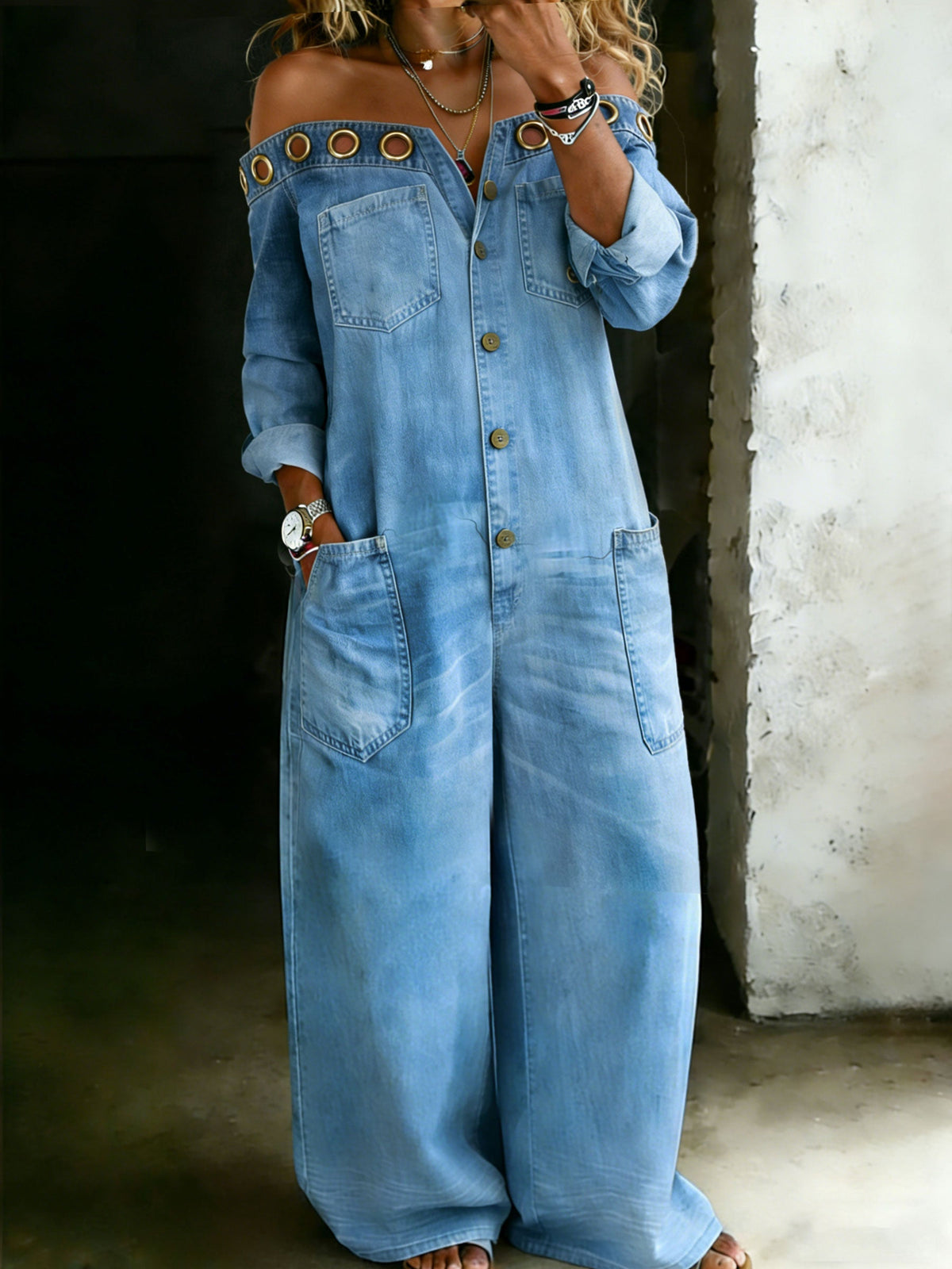 Stylish Off-Shoulder Cotton One Piece Shirt Denim Jumpsuit