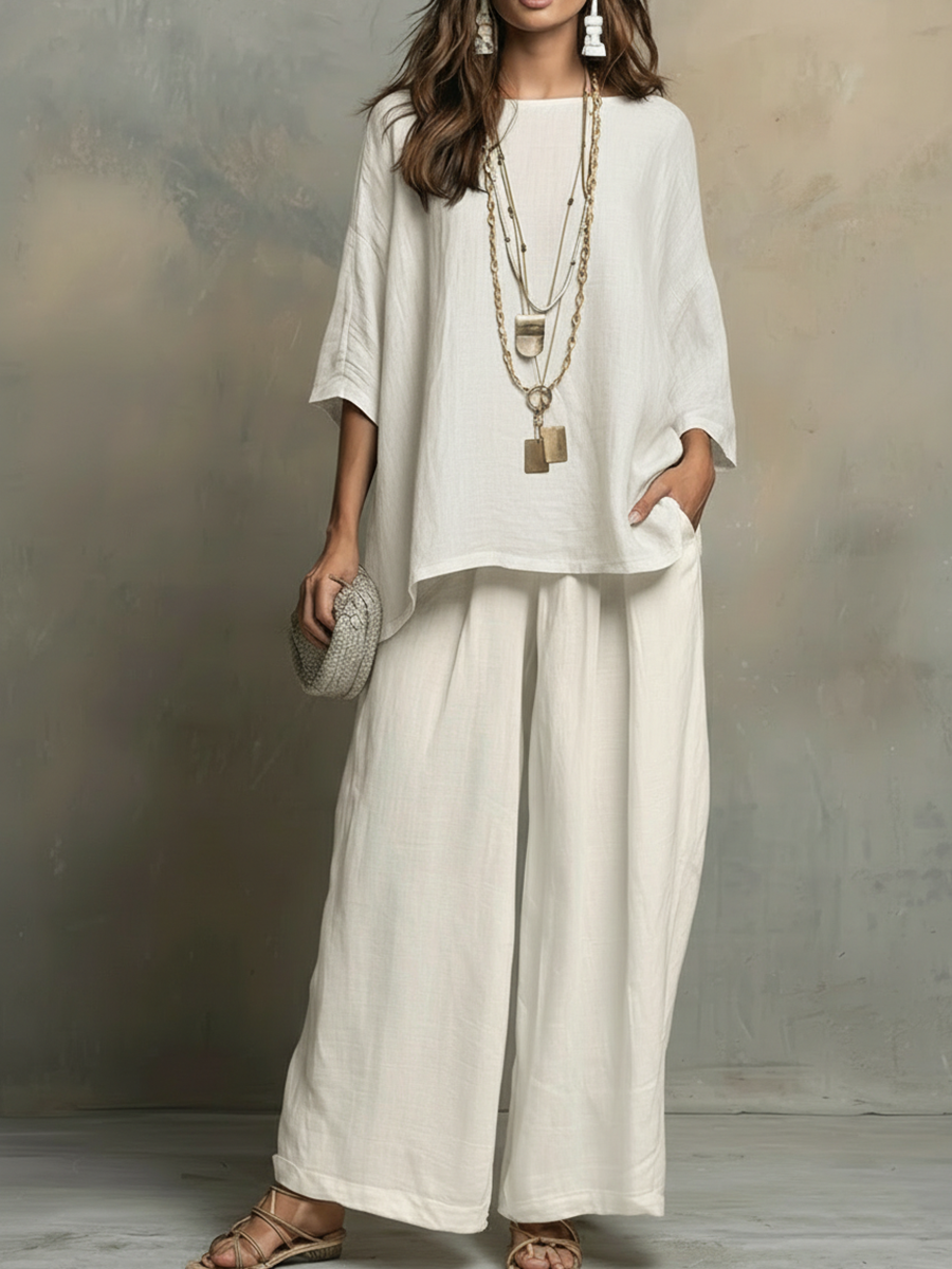 Cozy Cotton-Linen Irregular Top and Wide-Leg Pants Two-Piece Set