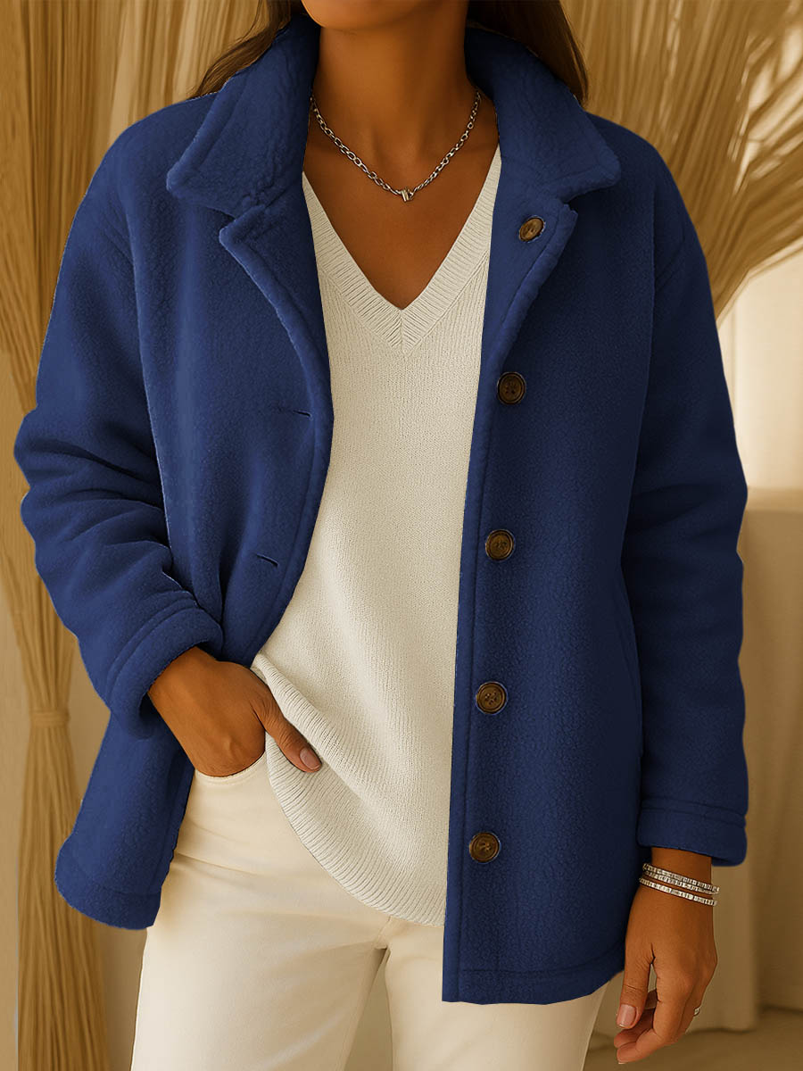 Solid Color Lapel Long-Sleeve Polar Fleece Cardigan Jacket