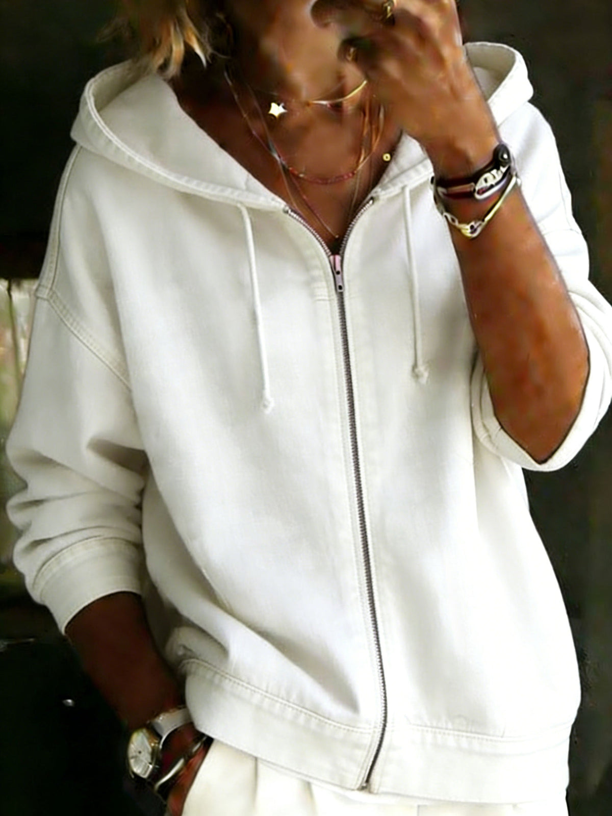 Casual Long-Sleeve Denim Zipper Hoodie Coat