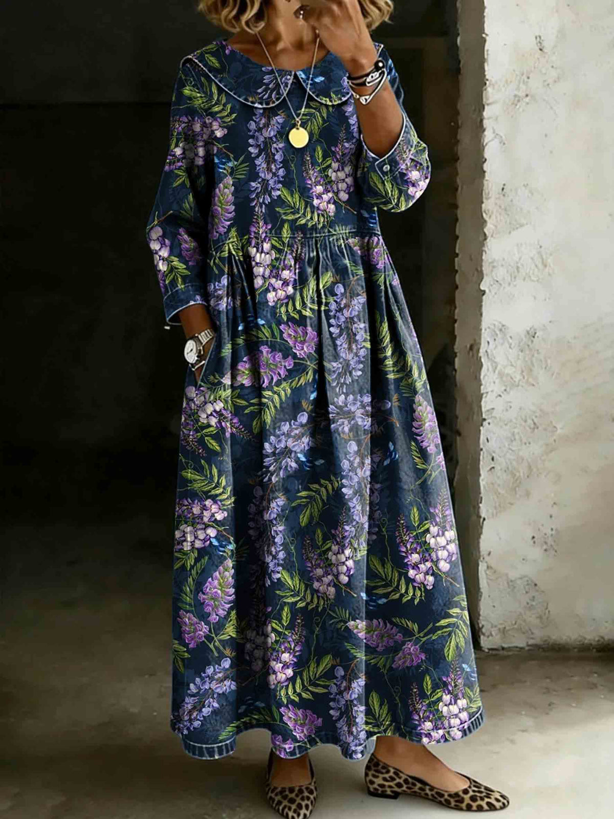 Vintage Lavender Floral Print Lapel Collar Pleated Long-Sleeve Casual Loose Denim Dress