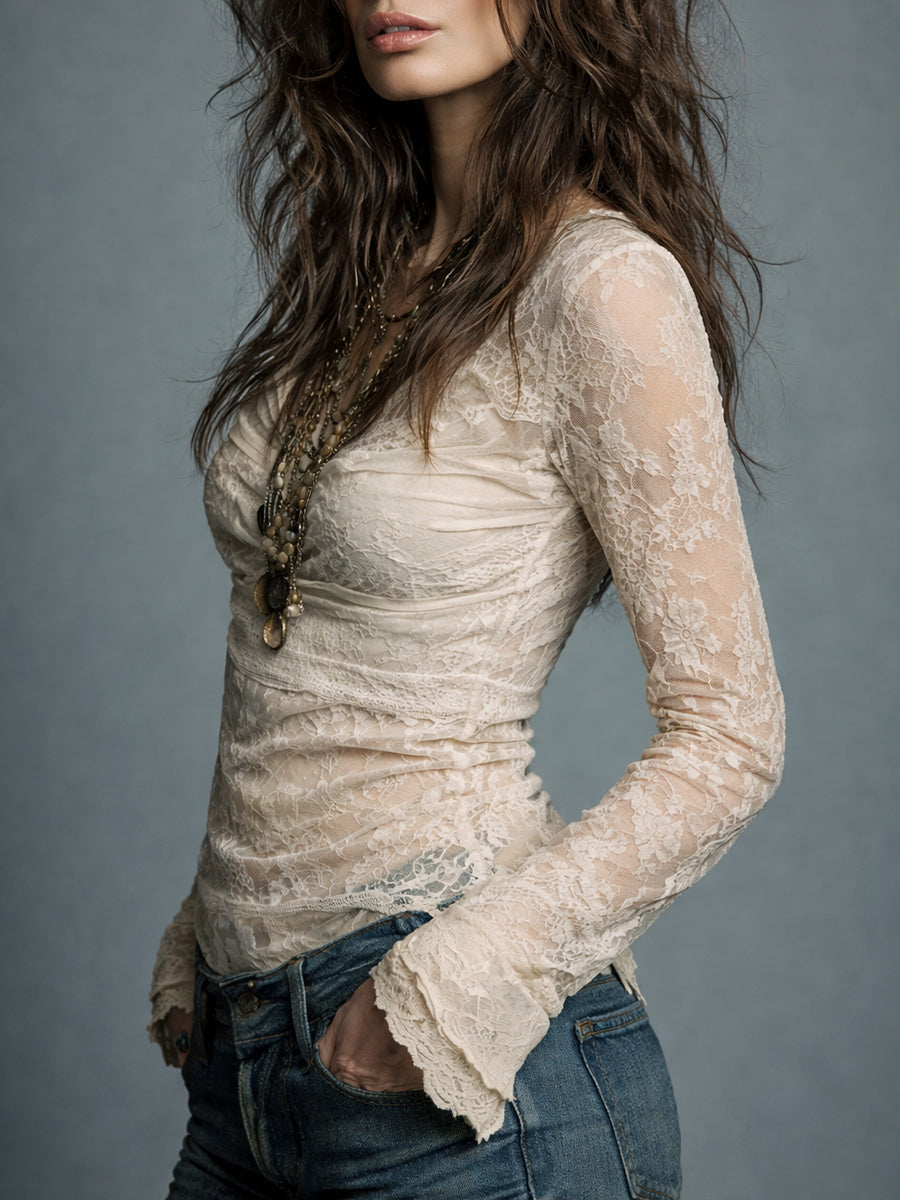 Vintage Cowl Neck Lace Long-Sleeve Blouse