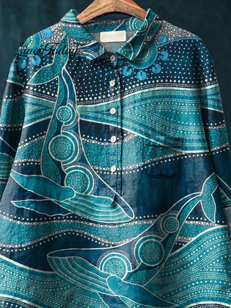 Whale and Ocean Art Printed Casual Cotton and Linen Shirt