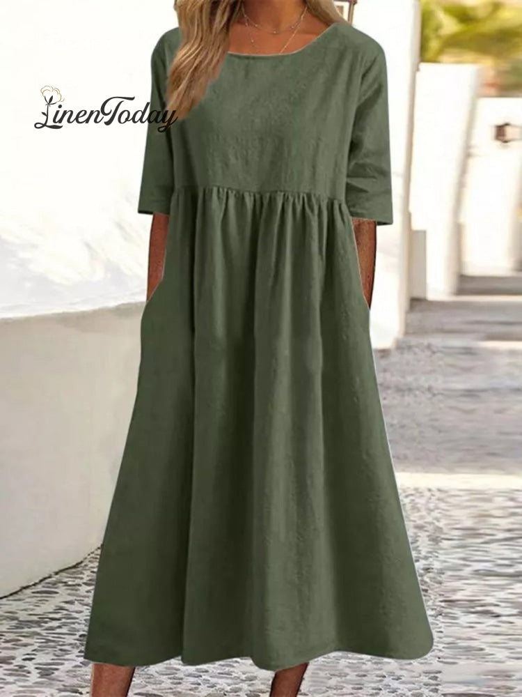 5-Quarter Sleeve Casual Loose Solid Color Cotton and Linen Dress