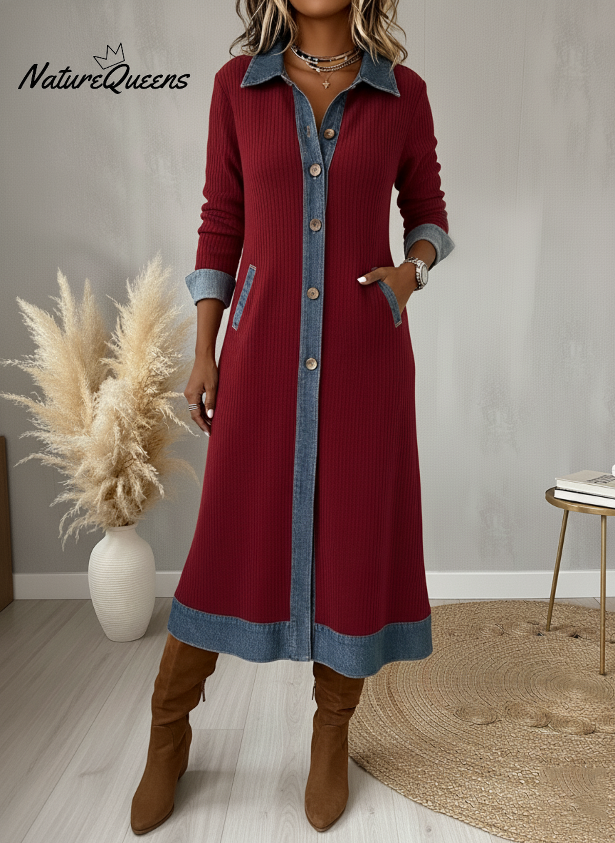 Casual Denim Patchwork Corduroy A-Line Midi Dress