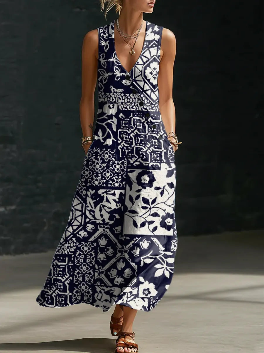 Floral Pattern Art Print Casual Cotton Linen Dress