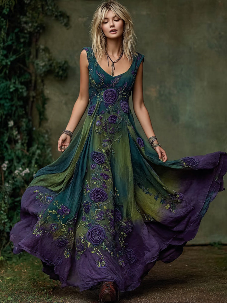 Vintage Purple Floral Art Linen Sleeveless Dress