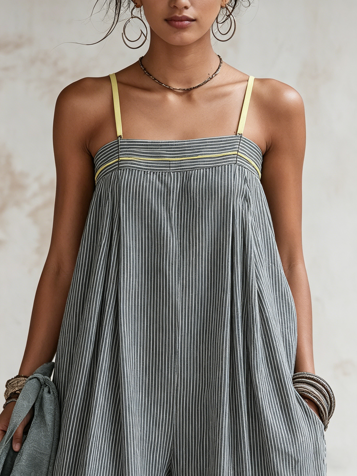 Striped Linen-Blend Balloon Jumpsuit with Contrast Straps