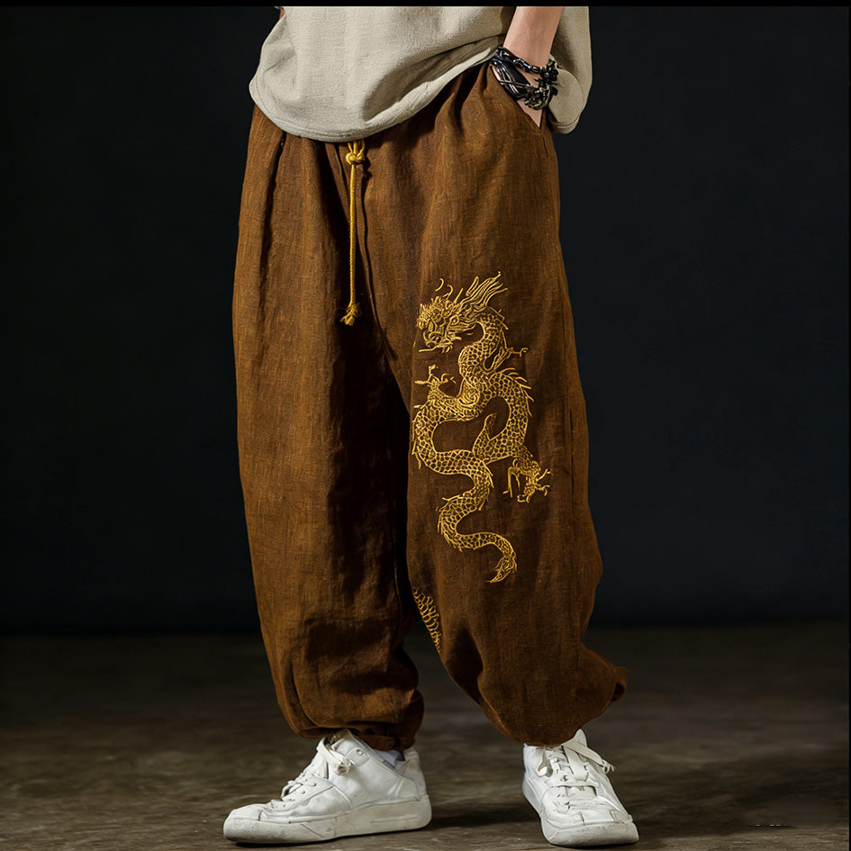 Men's Casual Cotton and Linen Wide-Leg Pants with Dragon Patterns and Embroidered Floral Patterns
