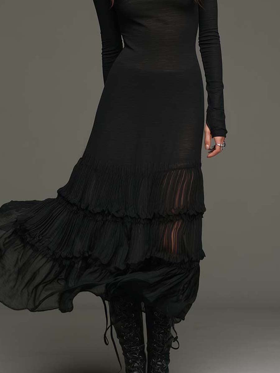 Long-Sleeve Mixed-Fabric Tiered Midi Dress