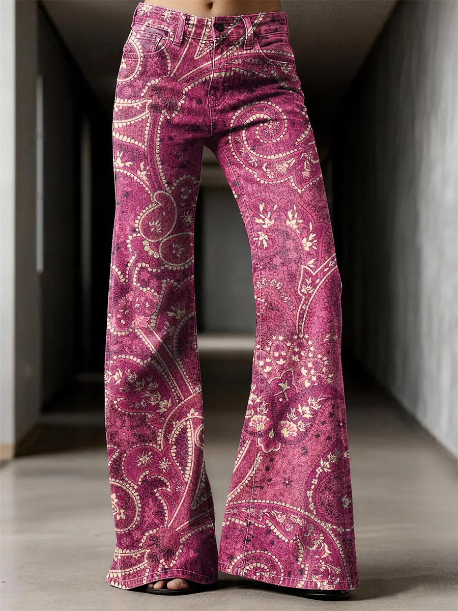 Retro Flowers Pattern Art Print Casual Flared Jeans