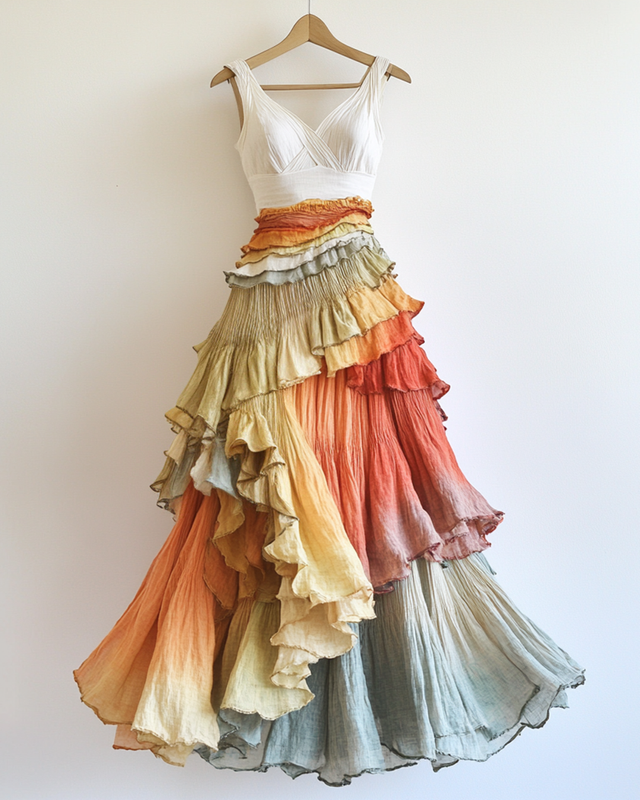 Summer Rainbow Gradient Chiffon Top and Skirt Two-Piece Set F34e