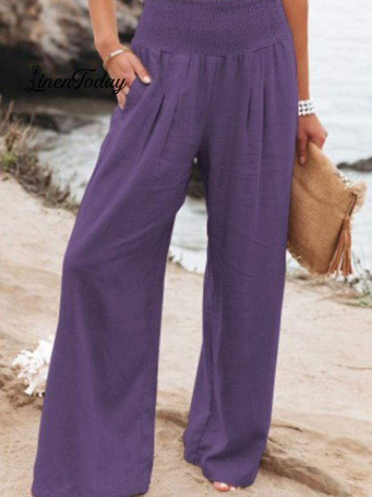 Cotton and Linen Waist-Waisted Wide-Leg Pants